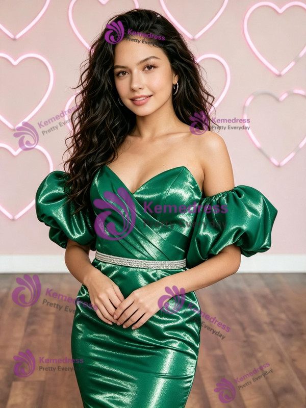 Green Pleats Puff Sleeve Homecoming Dress