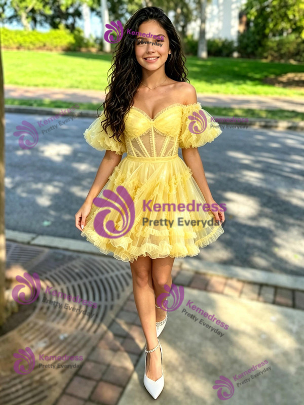 Yellow Tulle Off the Shoulder Homecoming Dress