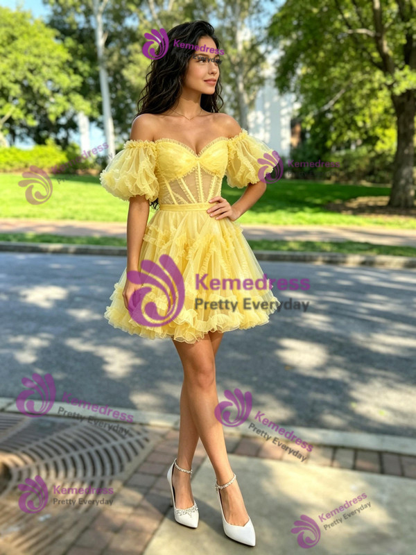 Yellow Tulle Off the Shoulder Homecoming Dress