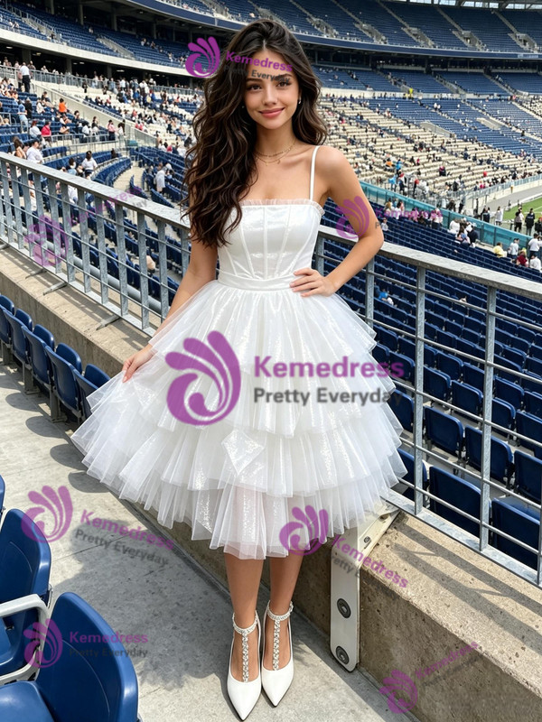 White Tulle Spaghetti Straps Homecoming Dress