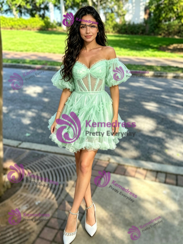 Green Tulle Off the Shoulder Puff Sleeve Homecoming Dress