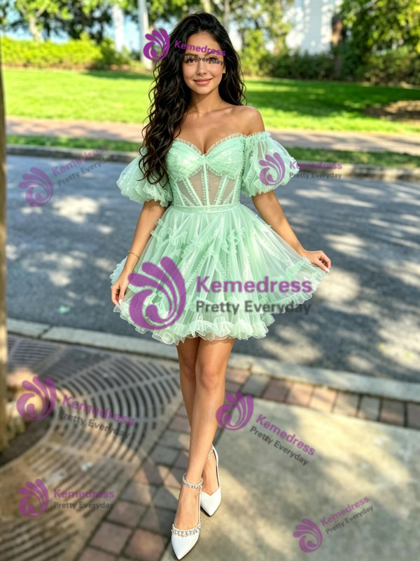 Green Tulle Off the Shoulder Puff Sleeve Homecoming Dress