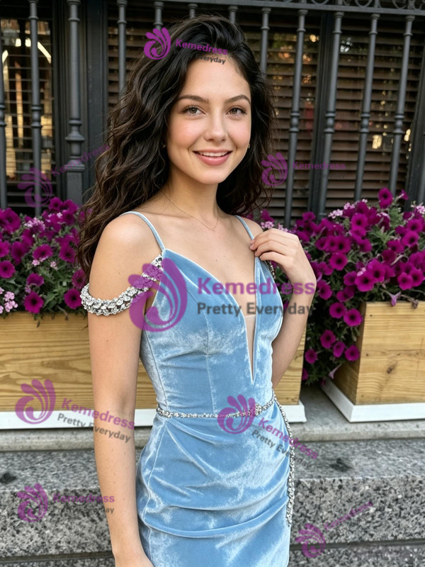 Blue Velvet Straps Beading Homecoming Dress