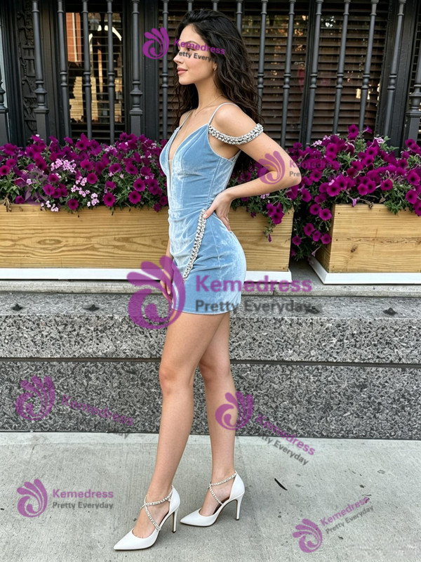 Blue Velvet Straps Beading Homecoming Dress