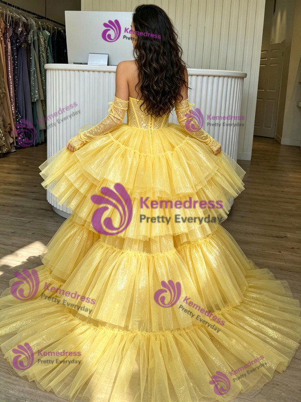 Yellow Tulle Hi Lo Long Sleeve Prom Dress