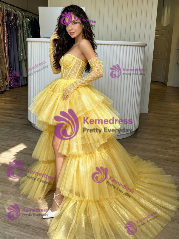 Yellow Tulle Hi Lo Long Sleeve Prom Dress