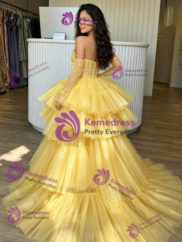Yellow Tulle Hi Lo Long Sleeve Prom Dress