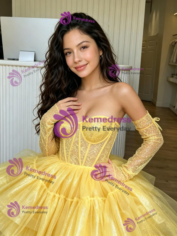 Yellow Tulle Hi Lo Long Sleeve Prom Dress