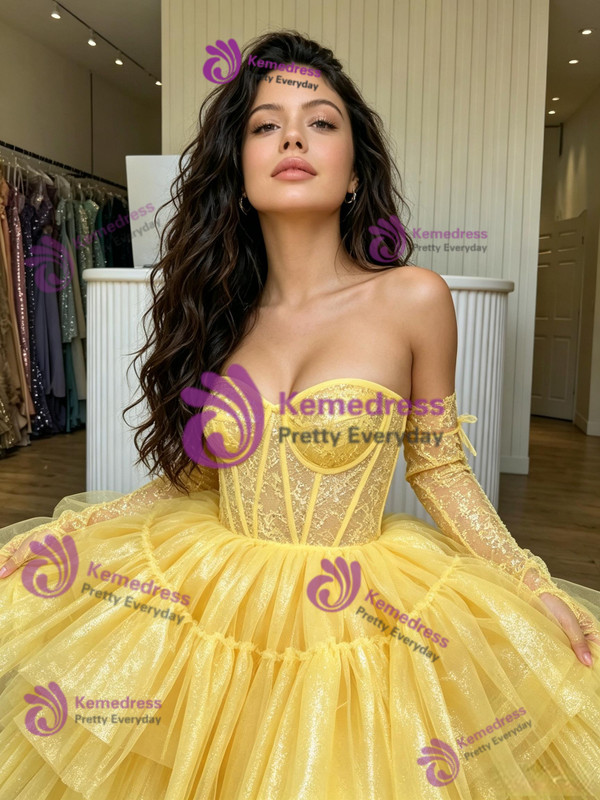 Yellow Tulle Hi Lo Long Sleeve Prom Dress