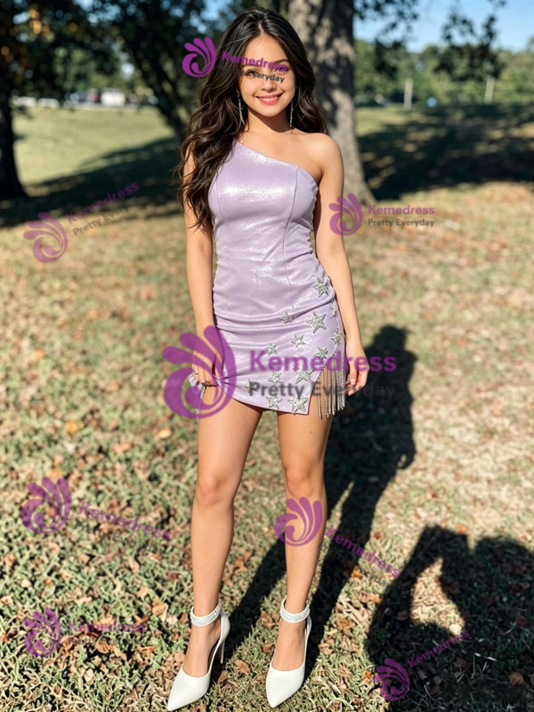 Purple One Shoulder Beading Homecoming Dress