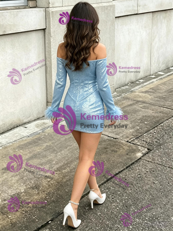 Blue Sequins Long Sleeve Homecoming Dress