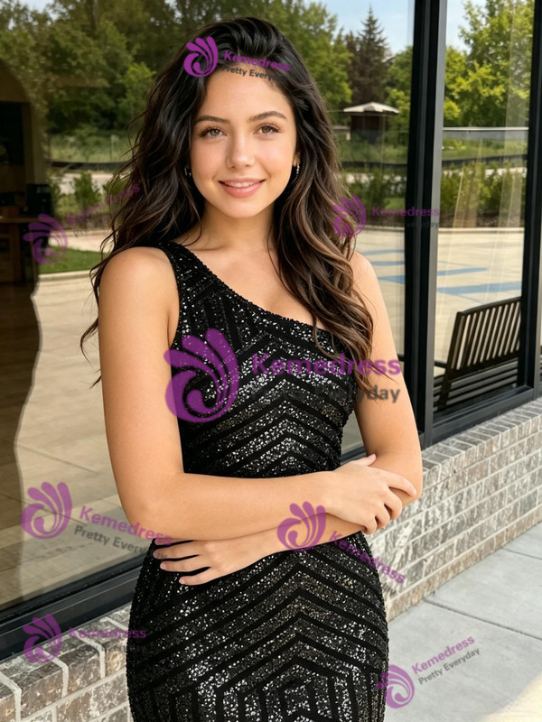 Black Sequins One Shoulder Homecoming Dress