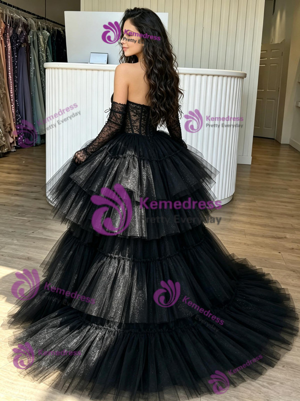 Black Tulle Lace Hi Lo Homecoming Dress