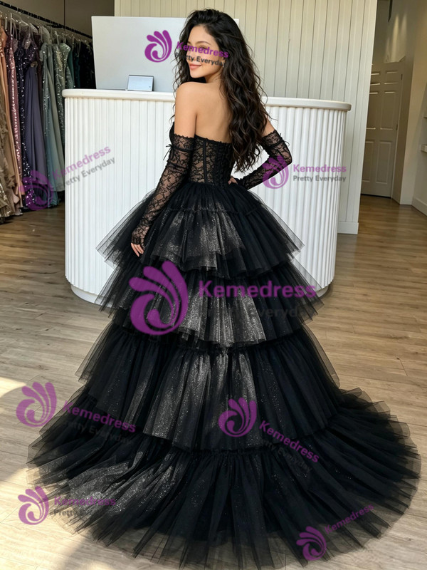 Black Tulle Lace Hi Lo Homecoming Dress