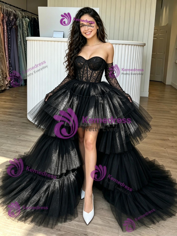 Black Tulle Lace Hi Lo Homecoming Dress