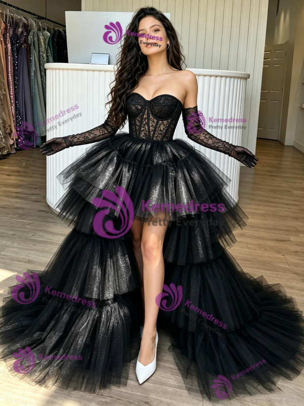 Black Tulle Lace Hi Lo Homecoming Dress