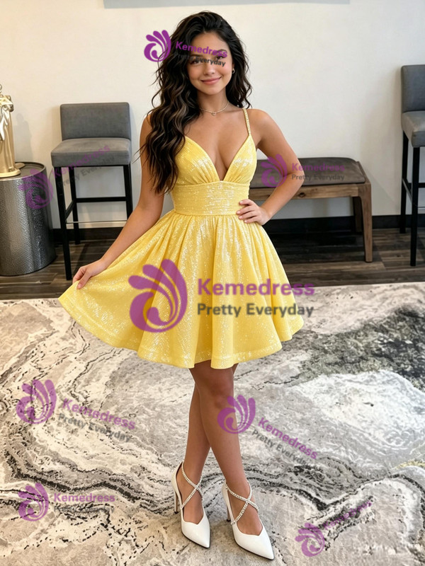 Yellow Sequins Spaghetti Straps Homecoming Dress