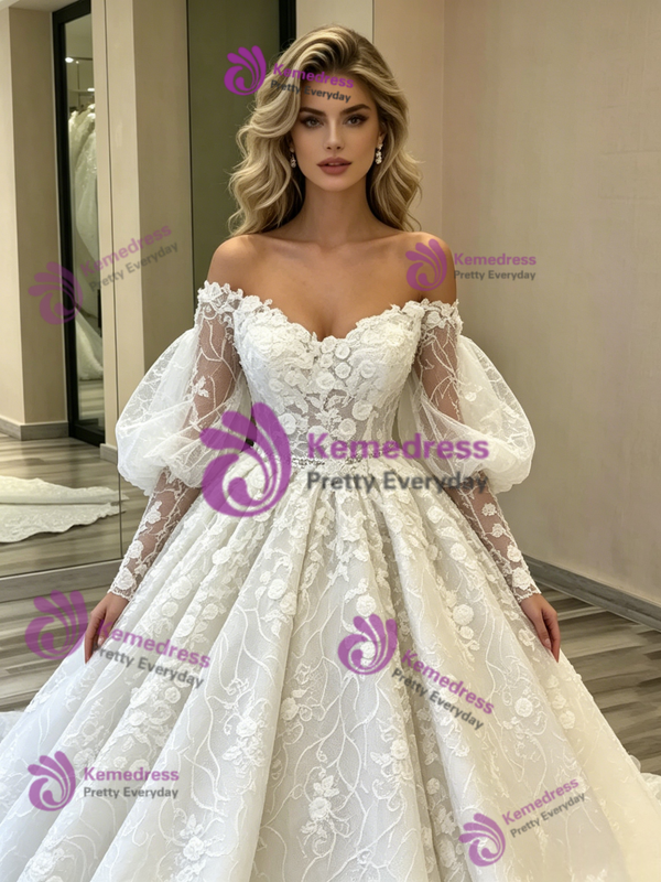 White Ball Gown Tulle Lace Long Sleeve Wedding Dress