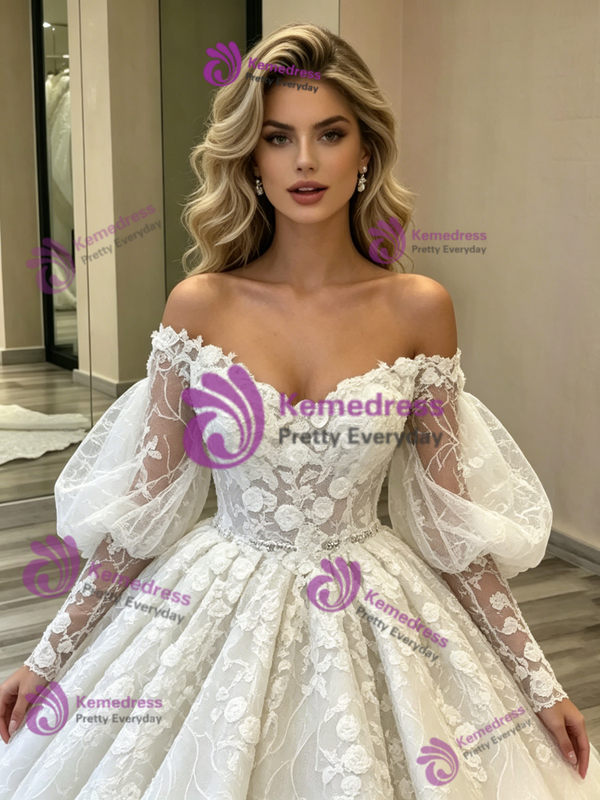 White Ball Gown Tulle Lace Long Sleeve Wedding Dress