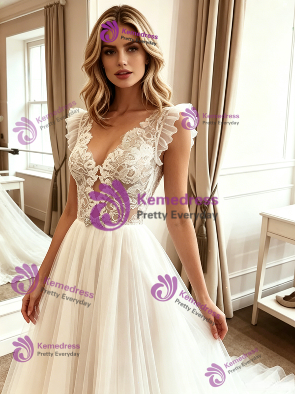 White Tulle Lace Backless Wedding Dress