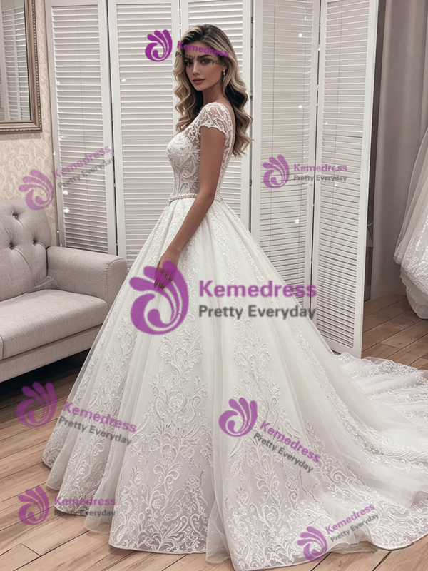 White Tulle Lace Cap Sleeve Wedding Dress