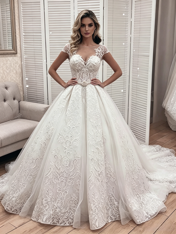 White Tulle Lace Cap Sleeve Wedding Dress