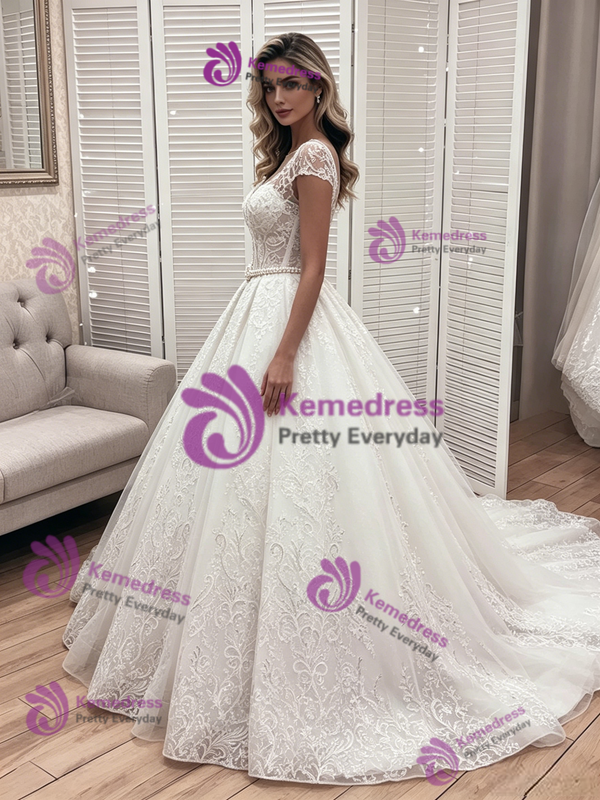White Tulle Lace Cap Sleeve Wedding Dress