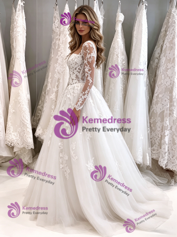White Tulle Long Sleeve Appliques Wedding Dress