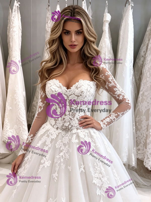 White Tulle Long Sleeve Appliques Wedding Dress