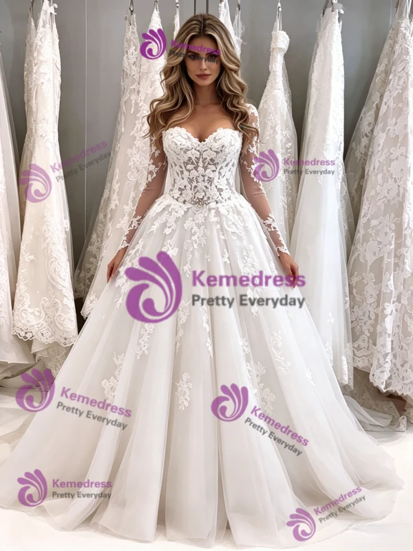 White Tulle Long Sleeve Appliques Wedding Dress