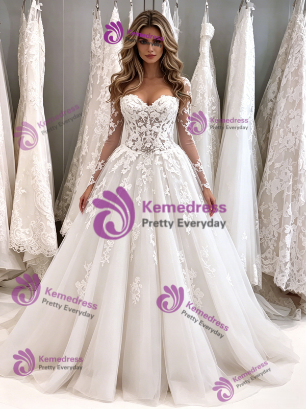 White Tulle Long Sleeve Appliques Wedding Dress
