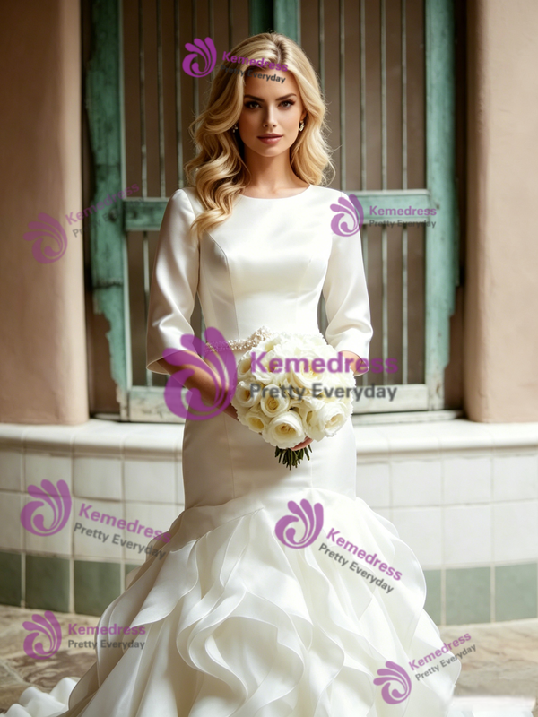 Beige Wite Mermaid Short Sleeve Wedding Dress