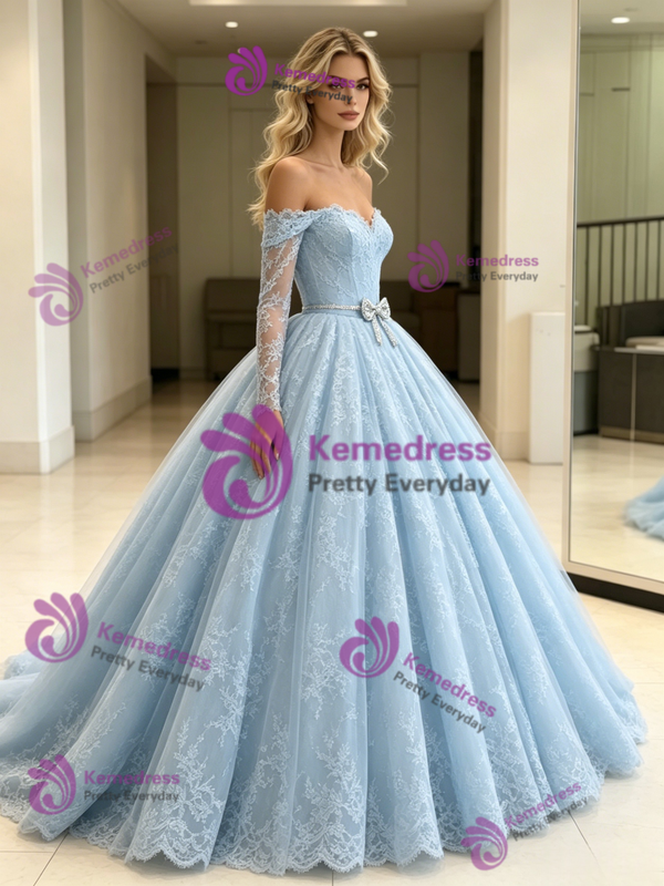 Blue Tulle Lace Long Sleeve Wedding Dress