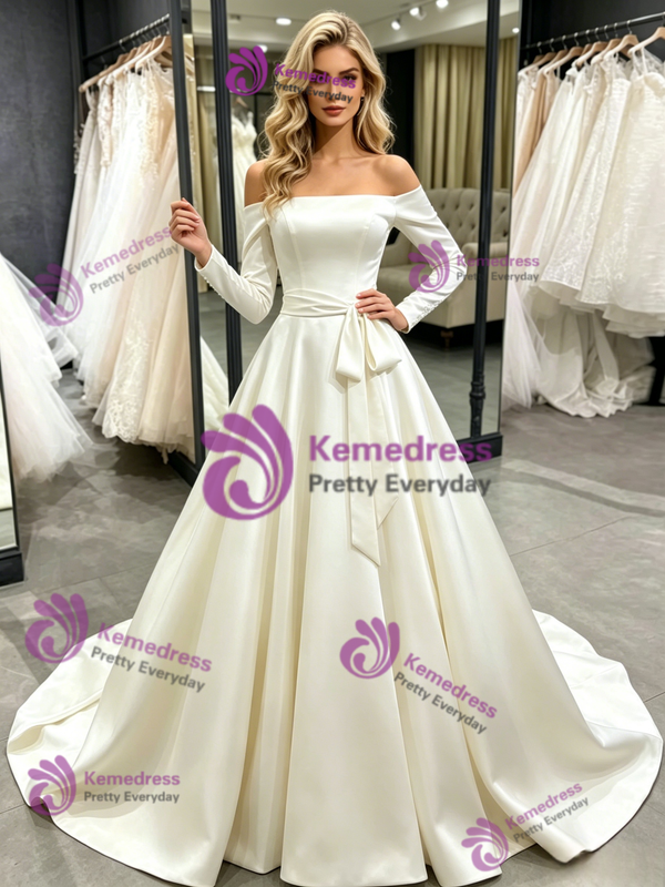 Ivory Satin Long Sleeve Wedding Dress