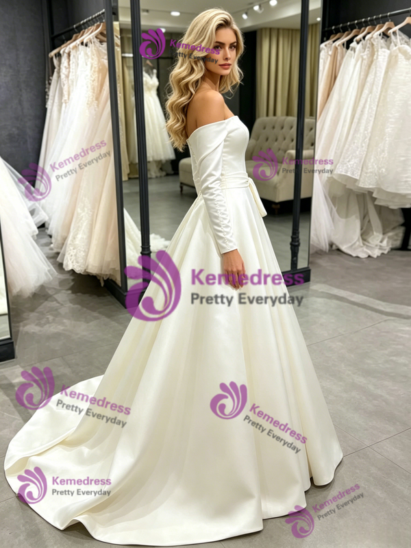 Ivory Satin Long Sleeve Wedding Dress