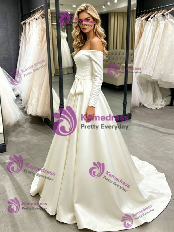 Ivory Satin Long Sleeve Wedding Dress