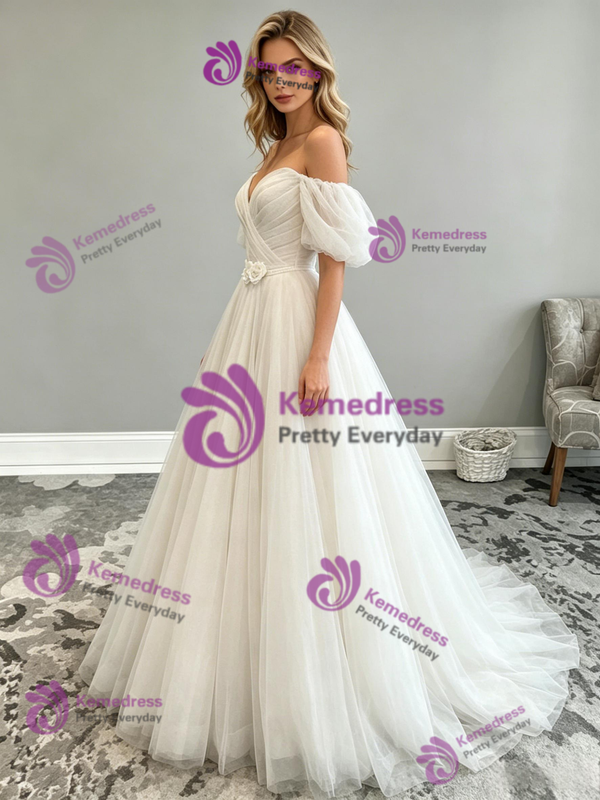Beige Wite Tulle Off the Shoulder Wedding Dress