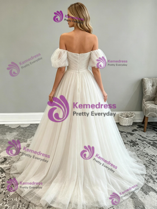Beige Wite Tulle Off the Shoulder Wedding Dress