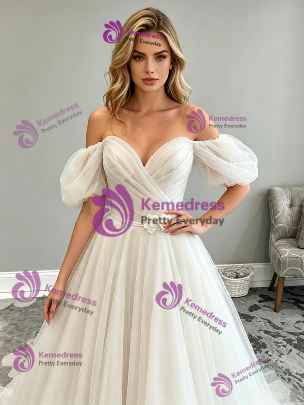 Beige Wite Tulle Off the Shoulder Wedding Dress
