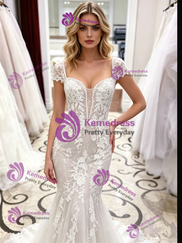 White Mermaid Lace Cap Sleeve Wedding Dress
