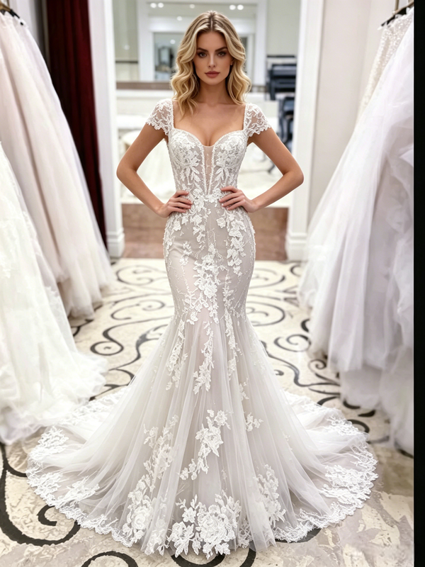 White Mermaid Lace Cap Sleeve Wedding Dress