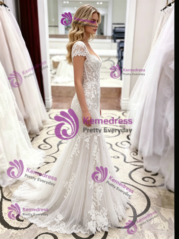 White Mermaid Lace Cap Sleeve Wedding Dress