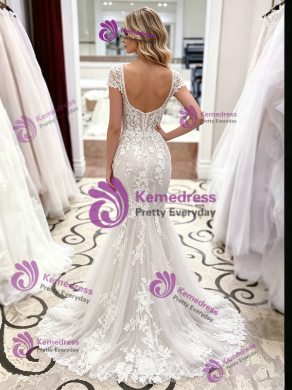 White Mermaid Lace Cap Sleeve Wedding Dress