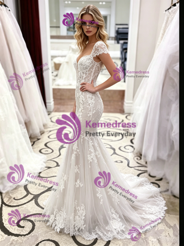 White Mermaid Lace Cap Sleeve Wedding Dress
