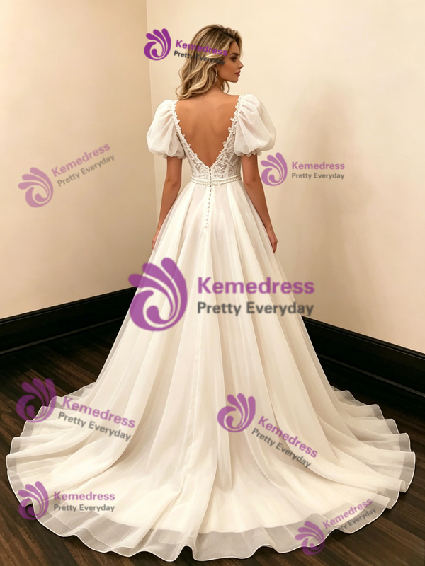 White Tulle Puff Sleeve Wedding Dress
