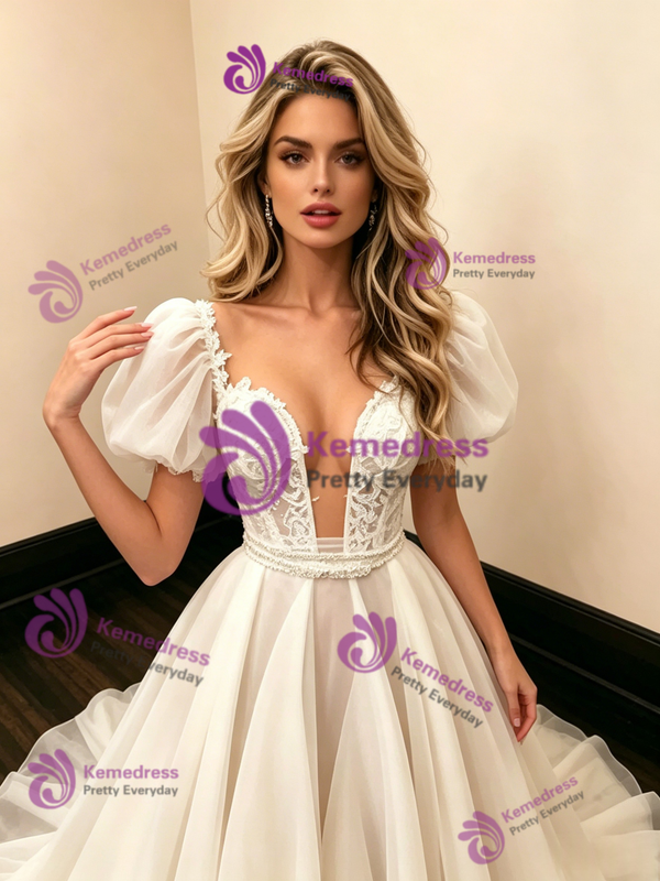 White Tulle Puff Sleeve Wedding Dress