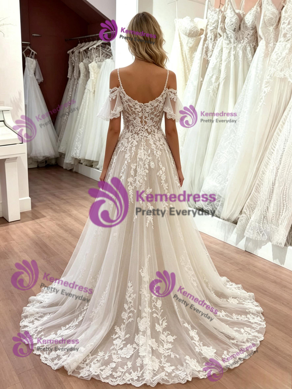 White Tulle Straps Appliques Wedding Dress