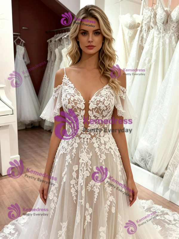White Tulle Straps Appliques Wedding Dress