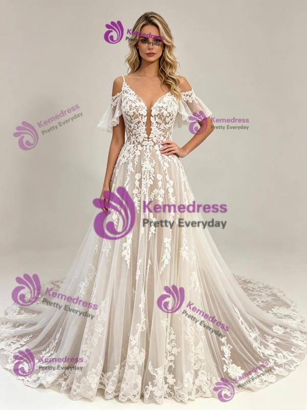 White Tulle Straps Appliques Wedding Dress