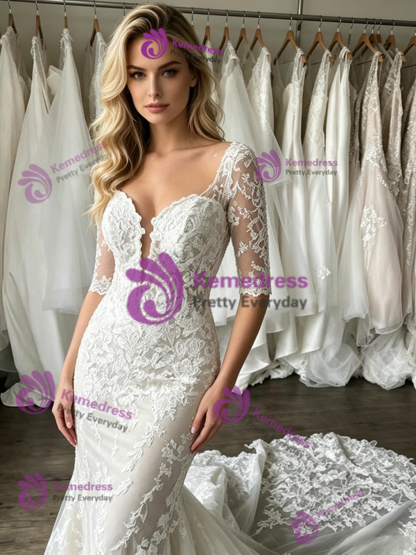 White Mermaid Lace Short Sleeve Wedding Dress